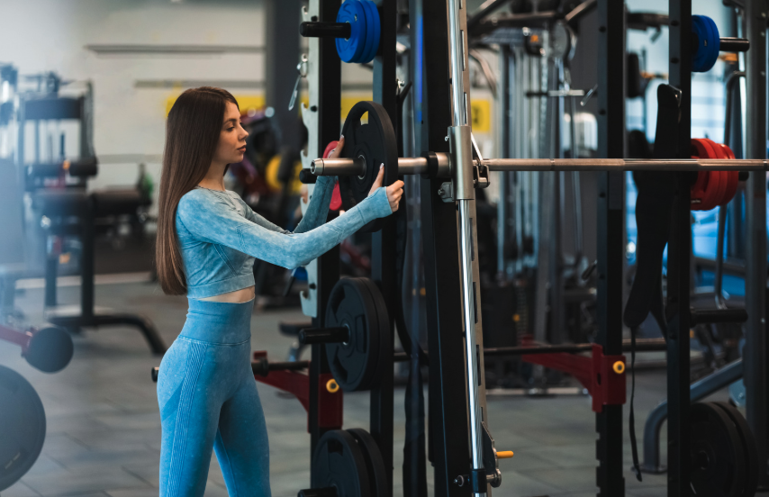 woman adding weights to smith machine